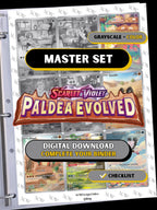 Paldea Evolved Scarlet Violet master set binder page showing grayscale and color Pokémon cards, designed as a digital download with checklist to complete a collector’s binder.