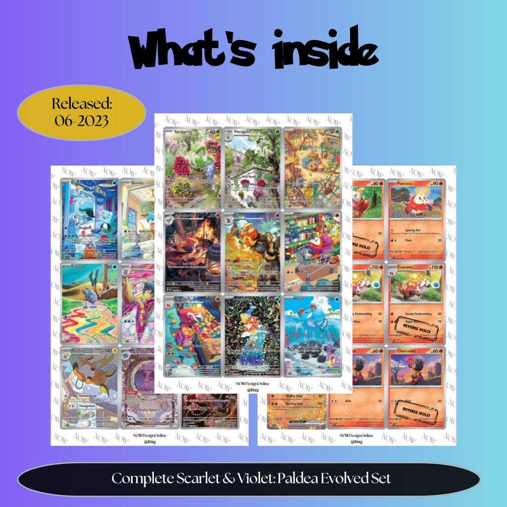 Paldea Evolved master set overview showing the included Pokémon cards to print and a full color checklist for the Scarlet Violet binder.