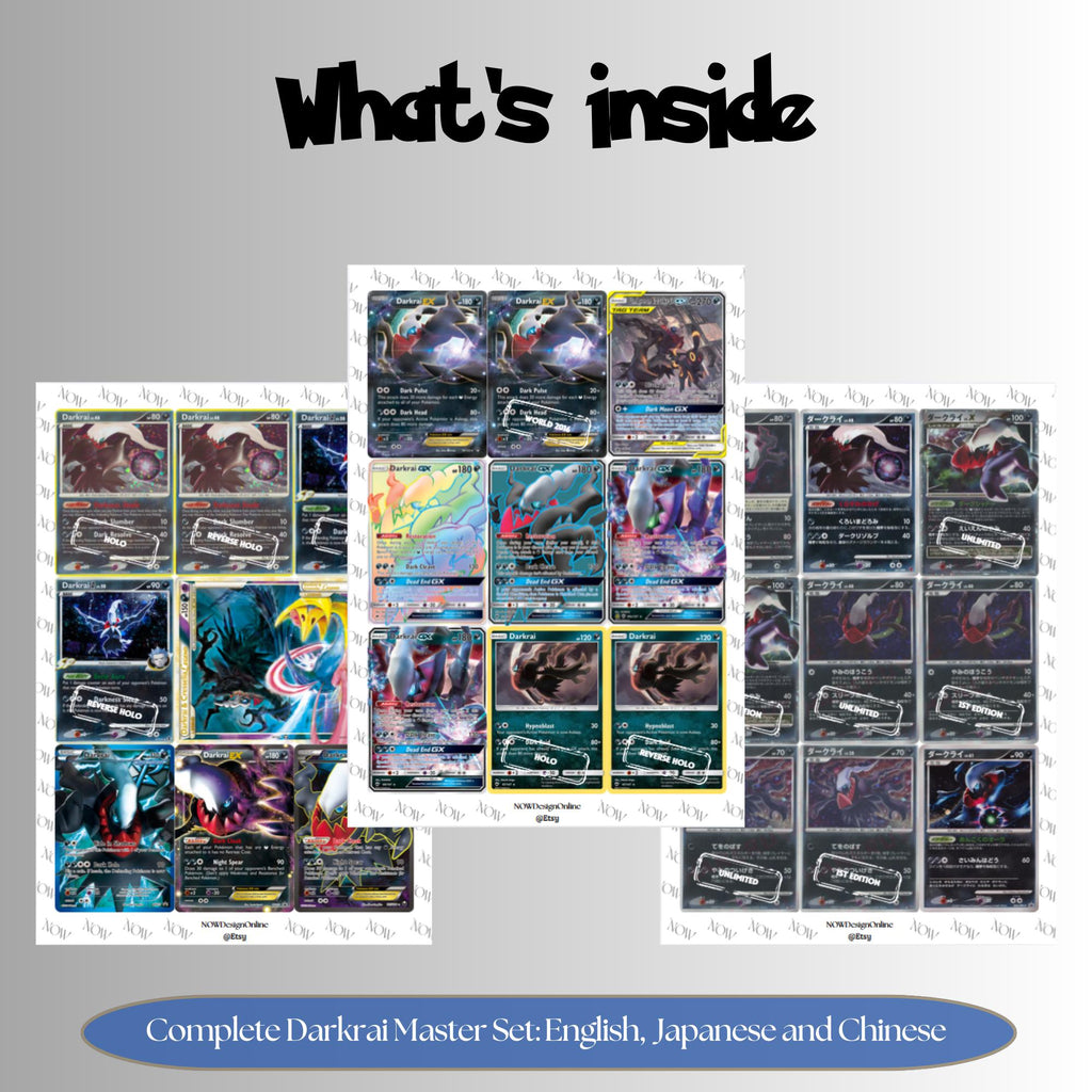 Darkrai Binder Cards set overview showing the included Pokémon cards to print and cut for your binder sleeves.