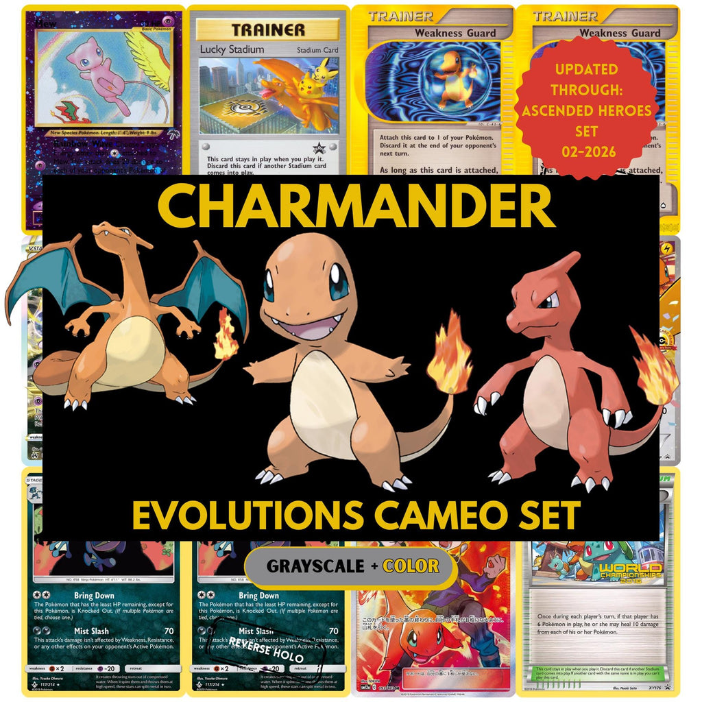 Shows cameo cards of the Charmander Evolutions master set that are in the Charmander placeholders for your binder.