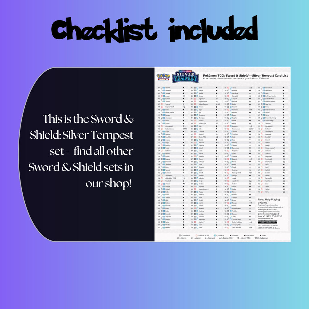 Example of the checklist that’s included to see which cards are all in the Silver Tempest set from the Sword & Shield Series