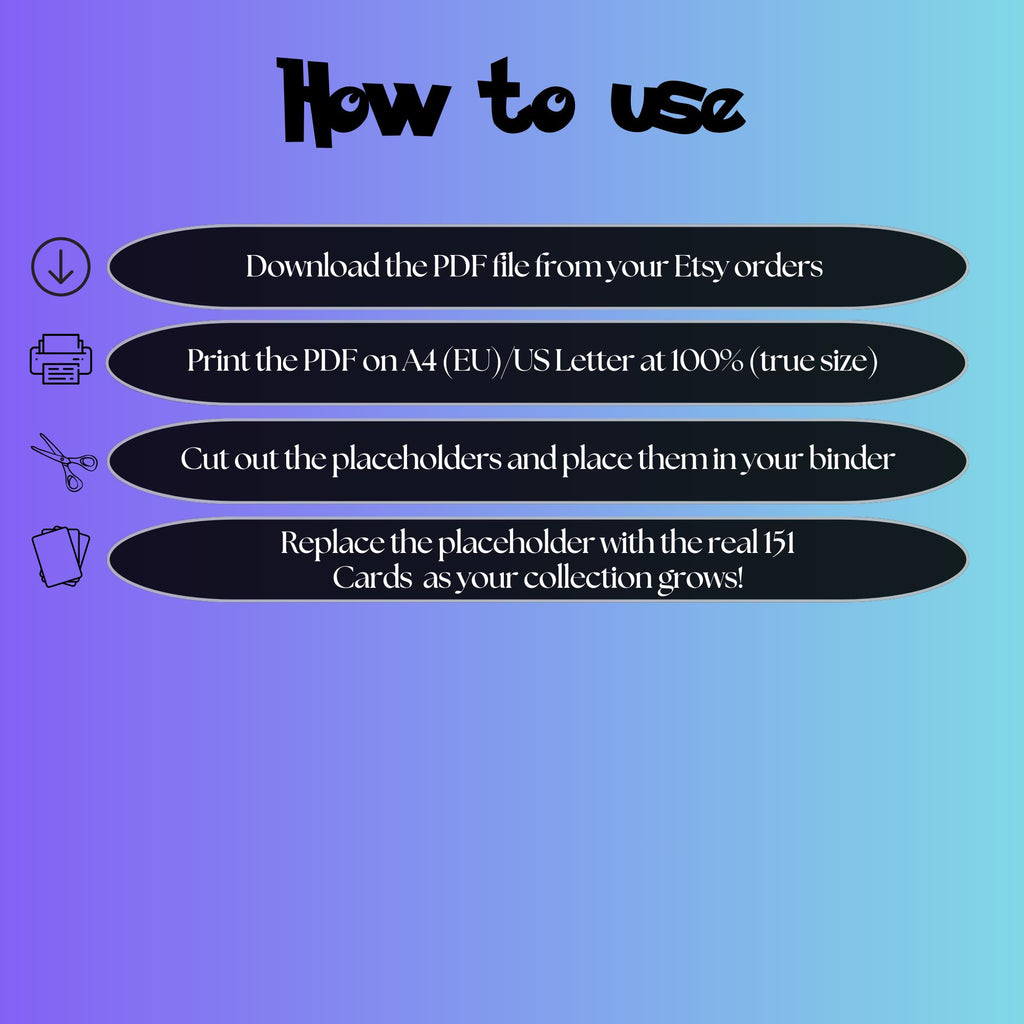 151 digital download instructions explaining how to print, cut, and place placeholders in a Pokémon binder.