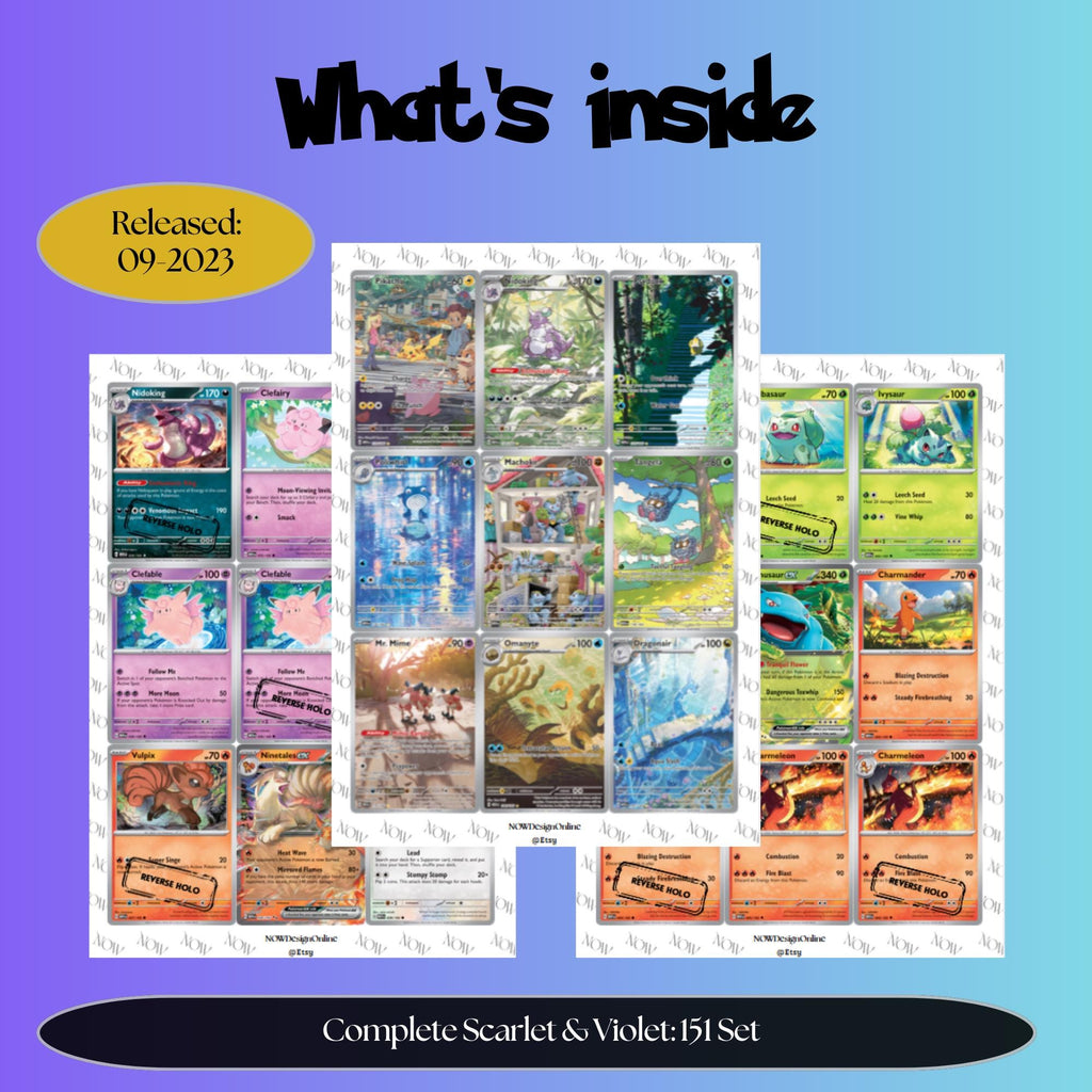 151 master set overview showing the included Pokémon cards to print and a full color checklist for the Scarlet & Violet binder.