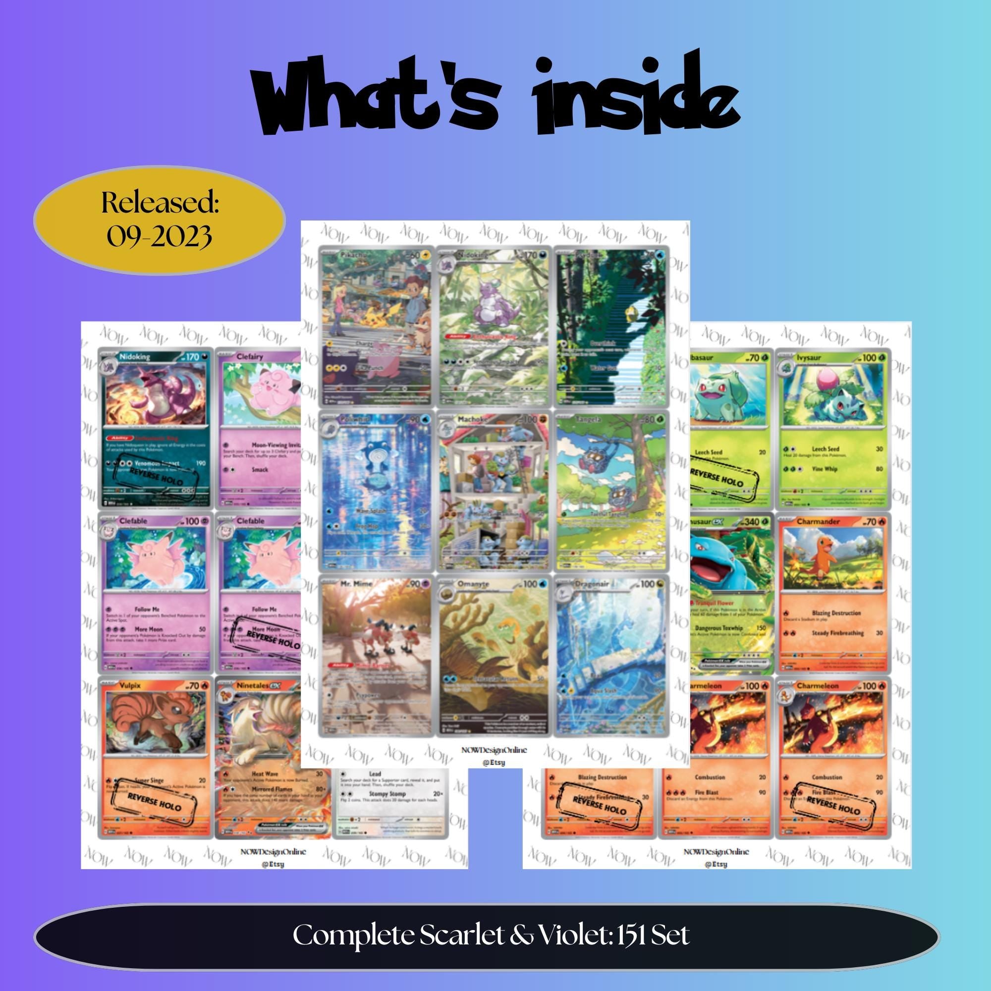 151 master set overview showing the included Pokémon cards to print and a full color checklist for the Scarlet & Violet binder.