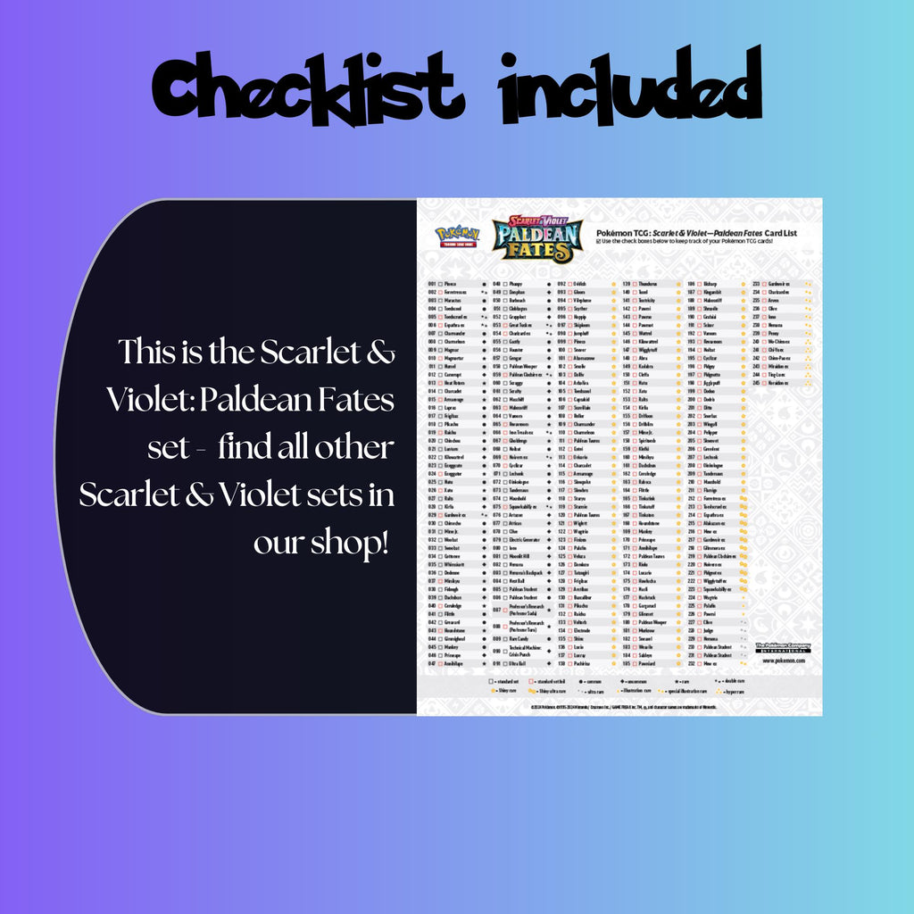 Example of the checklist that’s included to see which cards are all in the Paldean Fates set from the Scarlet & Violet Series.