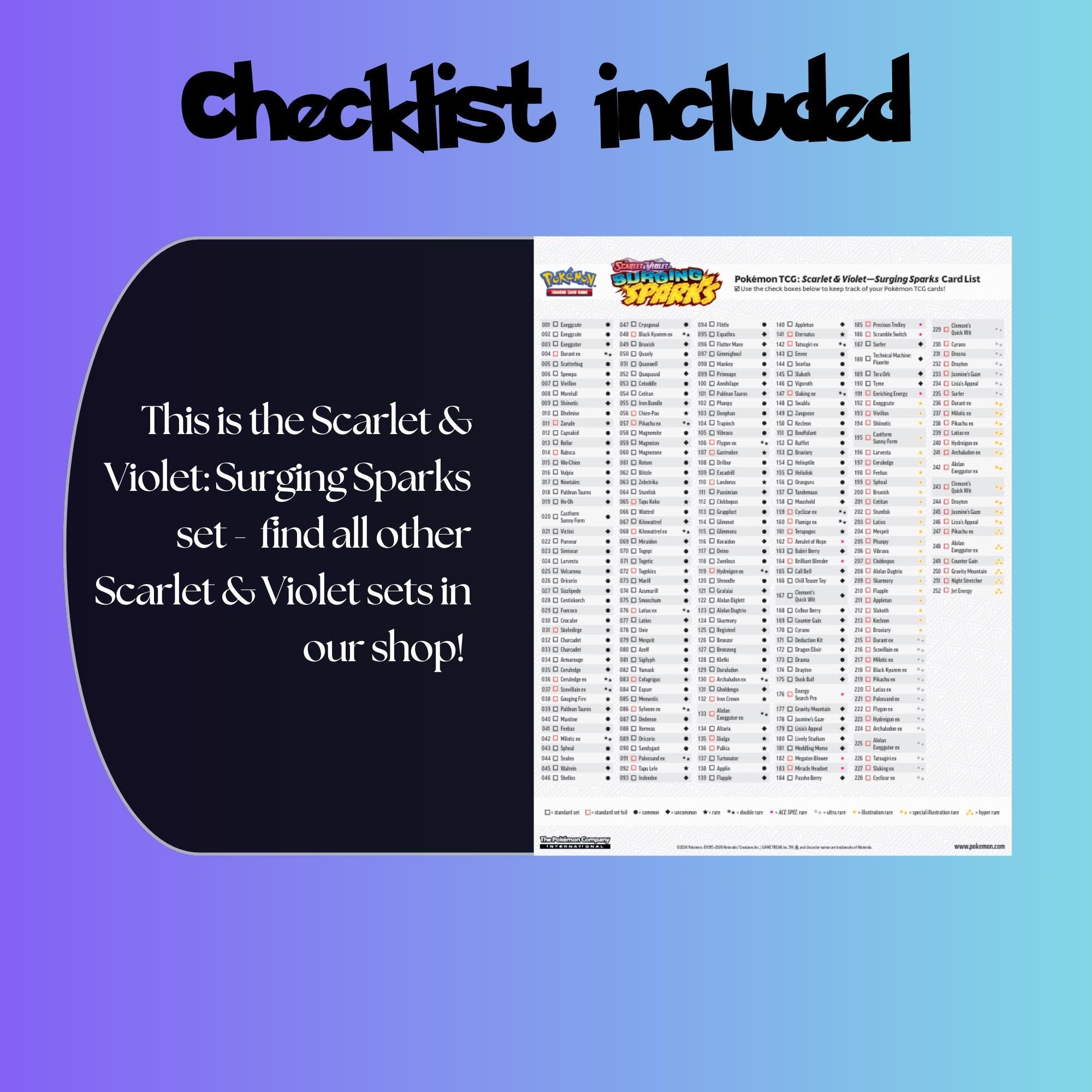 Example of the checklist that’s included to see which cards are all in the Surging Sparks set from the Scarlet & Violet Series.