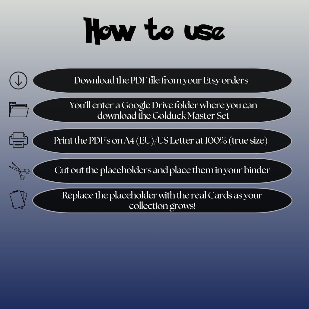 Golduck cards digital download instructions explaining how to print, cut, and place placeholders in a Pokémon binder.