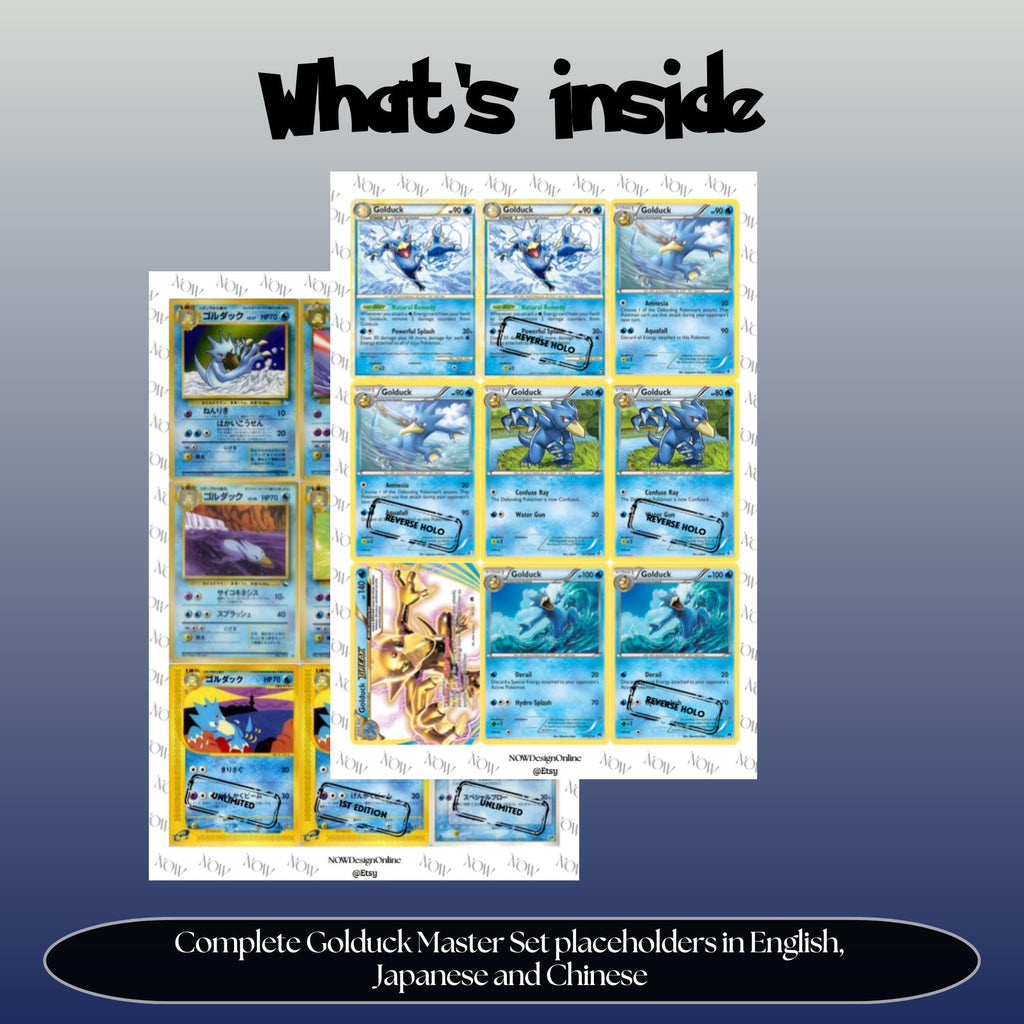 Golduck binder pages set overview showing the included Pokémon cards to print and cut for your binder sleeves.