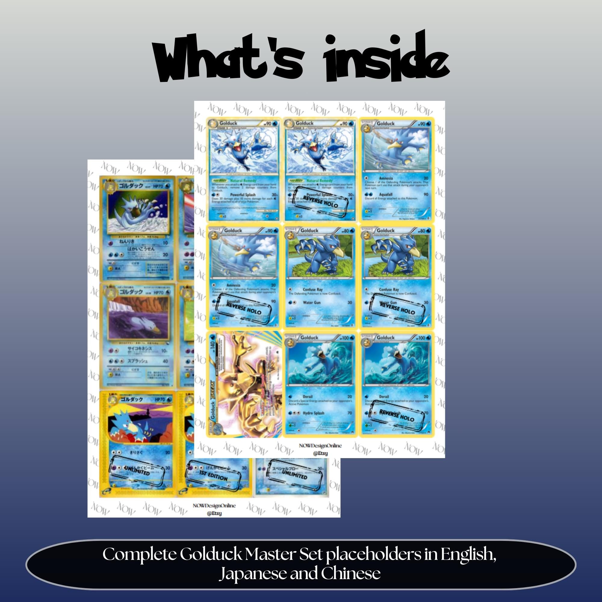 Golduck binder pages set overview showing the included Pokémon cards to print and cut for your binder sleeves.