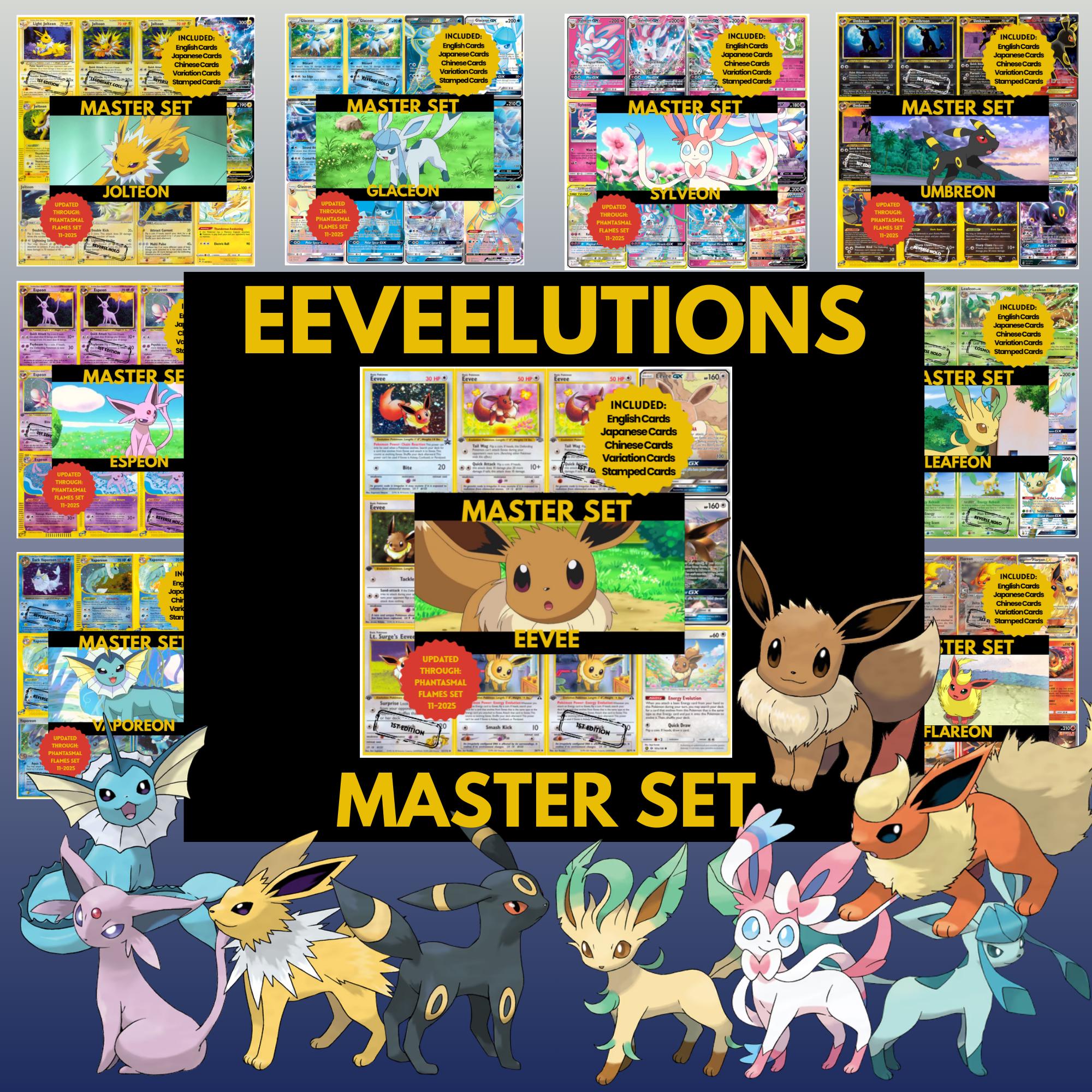 Eeveelutions set binder page showing grayscale and color Pokémon cards, designed as a digital download to complete a collector’s binder.
