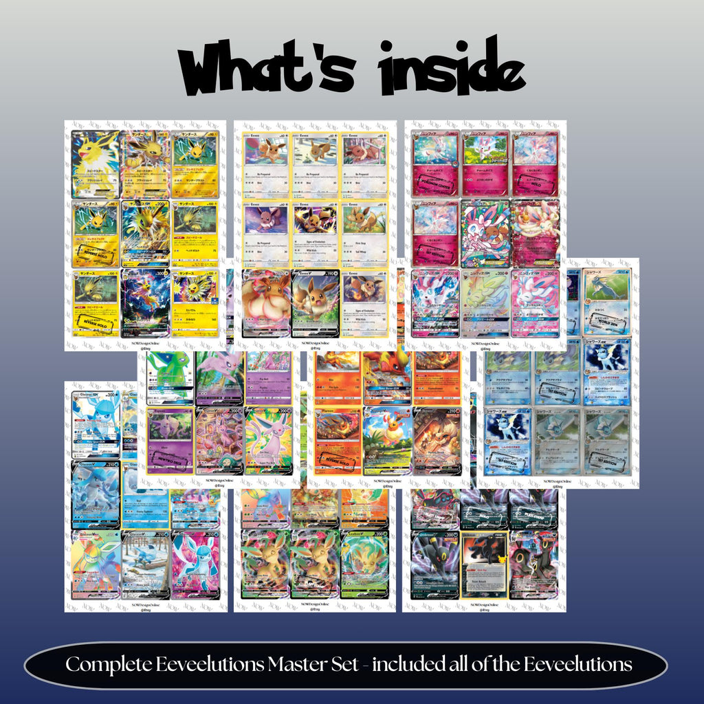 Eeveelutions Binder Cards set overview showing the included Pokémon cards to print and cut for your binder sleeves.