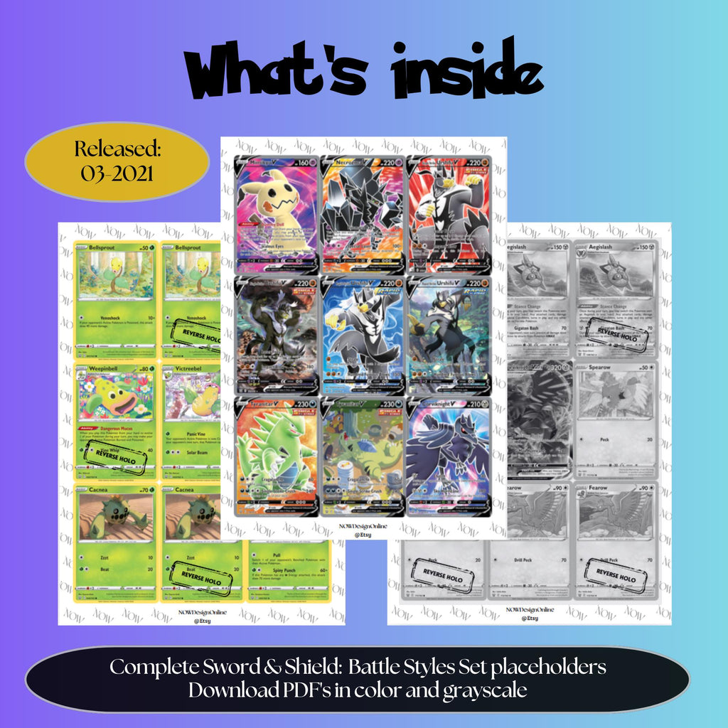 Battle Styles master set overview showing the included Pokémon cards to print and a full color checklist for the Sword & Shield binder.