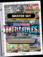 Battle Styles master set binder page showing grayscale and color Pokémon cards, designed as a digital download with checklist to complete a collector’s binder.