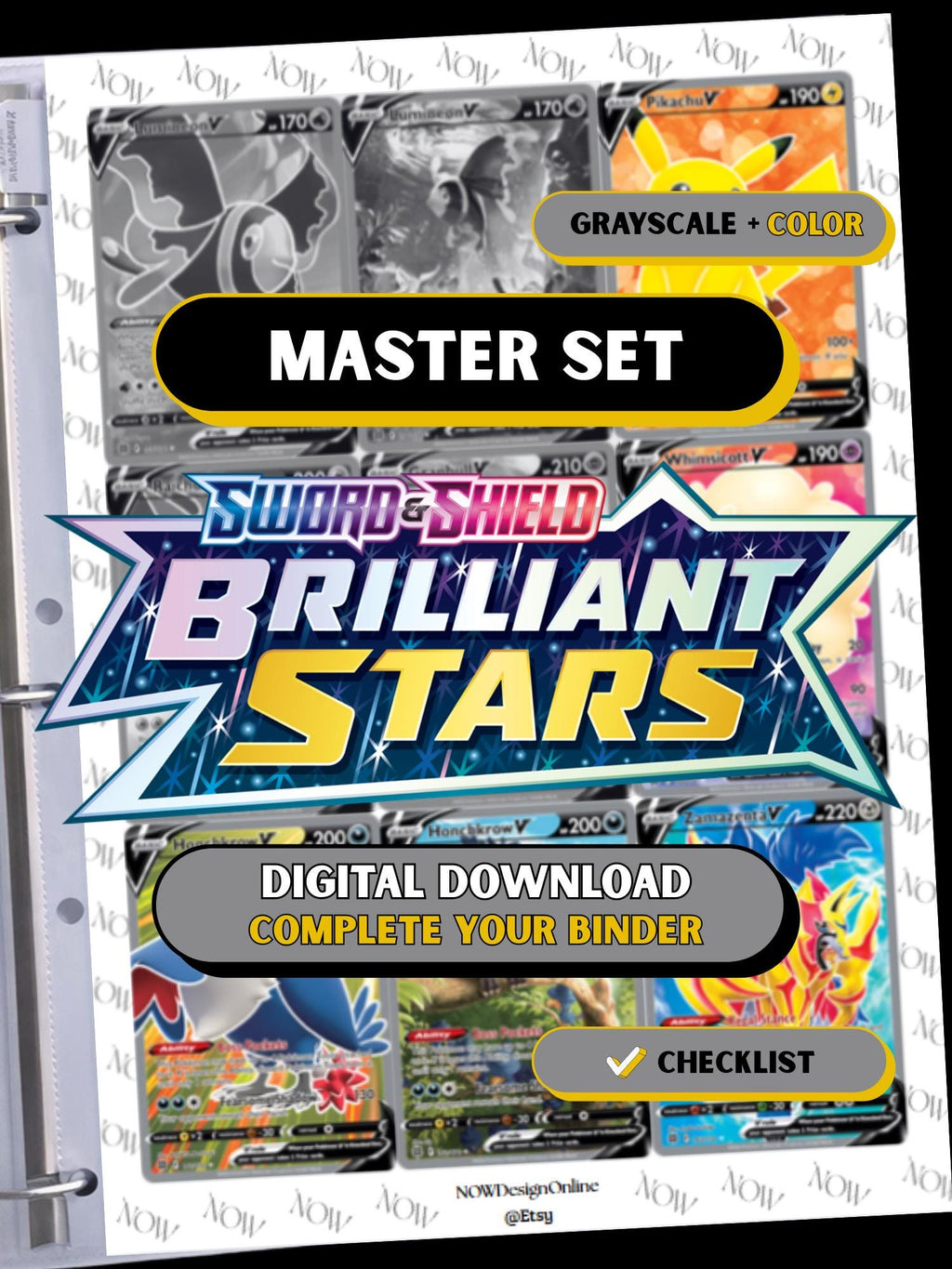 Brilliant Stars master set binder page showing grayscale and color Pokémon cards, designed as a digital download with checklist to complete a collector’s binder.