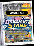 Brilliant Stars master set binder page showing grayscale and color Pokémon cards, designed as a digital download with checklist to complete a collector’s binder.
