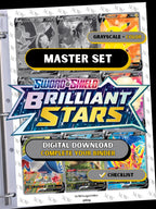 Brilliant Stars master set binder page showing grayscale and color Pokémon cards, designed as a digital download with checklist to complete a collector’s binder.