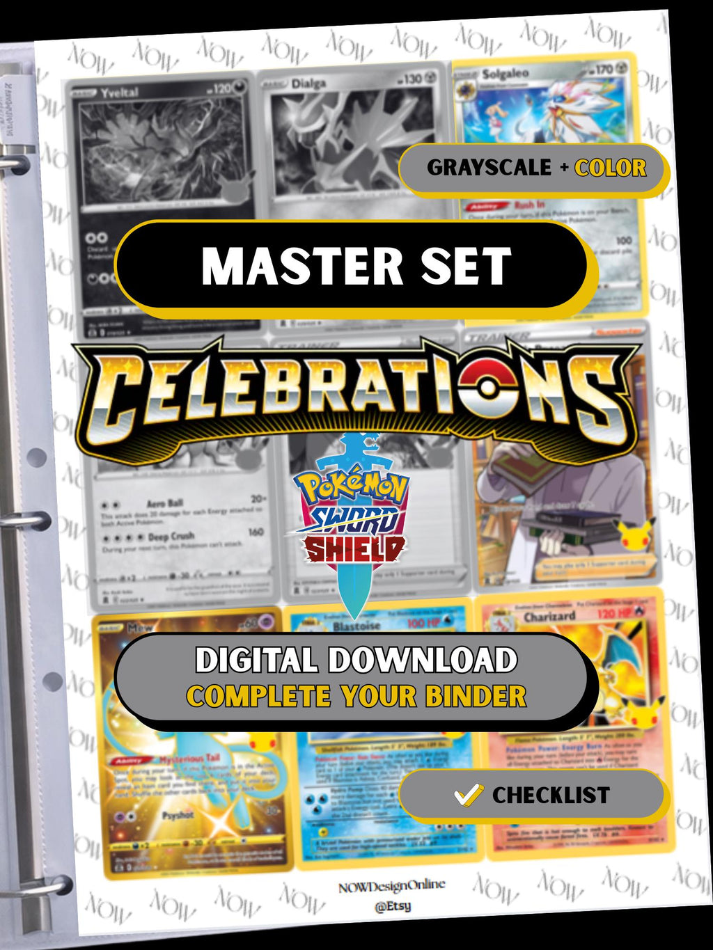 Celebrations master set binder page showing grayscale and color Pokémon cards, designed as a digital download with checklist to complete a collector’s binder.