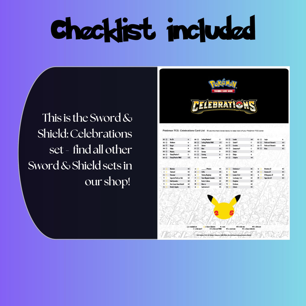 Example of the checklist that’s included to see which cards are all in the Celebrations set from the Sword & Shield Series