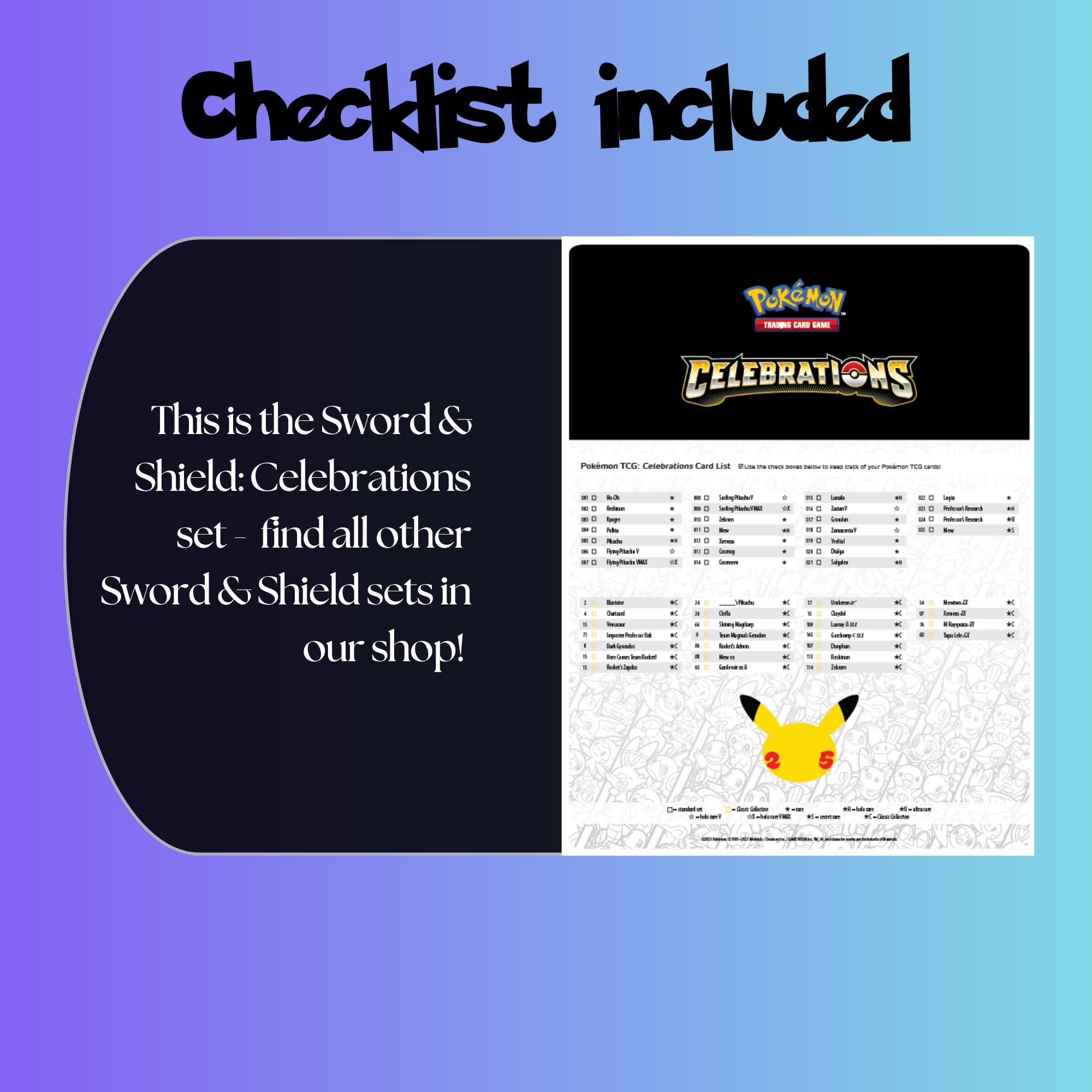 Example of the checklist that’s included to see which cards are all in the Celebrations set from the Sword & Shield Series