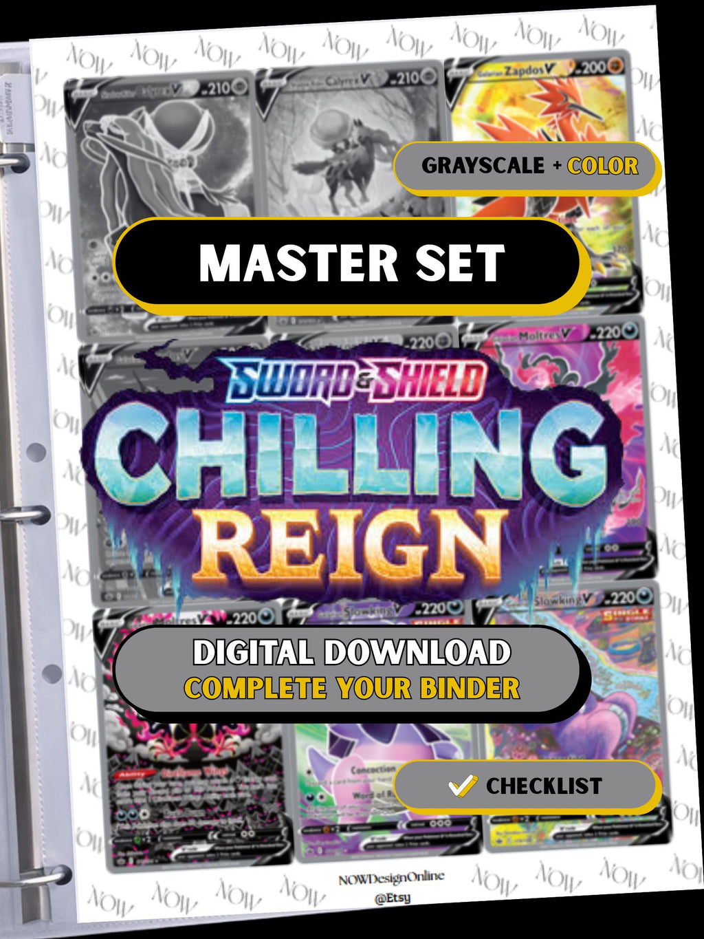 Chilling Reign master set binder page showing grayscale and color Pokémon cards, designed as a digital download with checklist to complete a collector’s binder.
