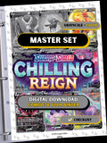 Chilling Reign master set binder page showing grayscale and color Pokémon cards, designed as a digital download with checklist to complete a collector’s binder.