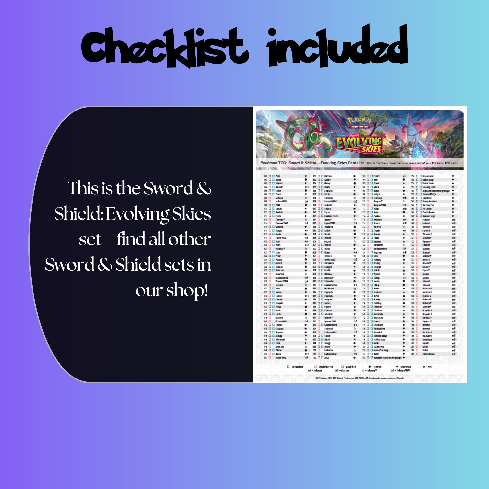 Example of the checklist that’s included to see which cards are all in the Evolving Skies set from the Sword & Shield Series