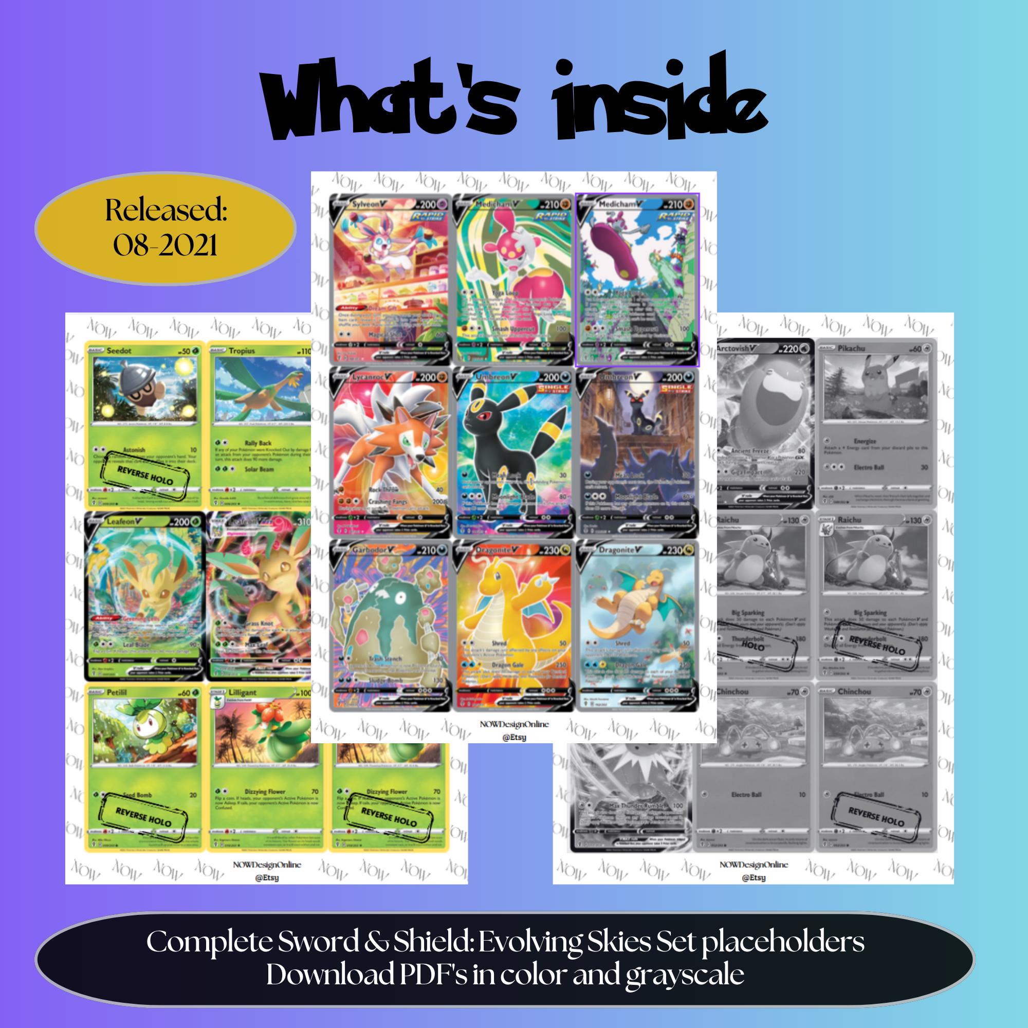 Evolving Skies master set overview showing the included Pokémon cards to print and a full color checklist for the Sword & Shield binder.