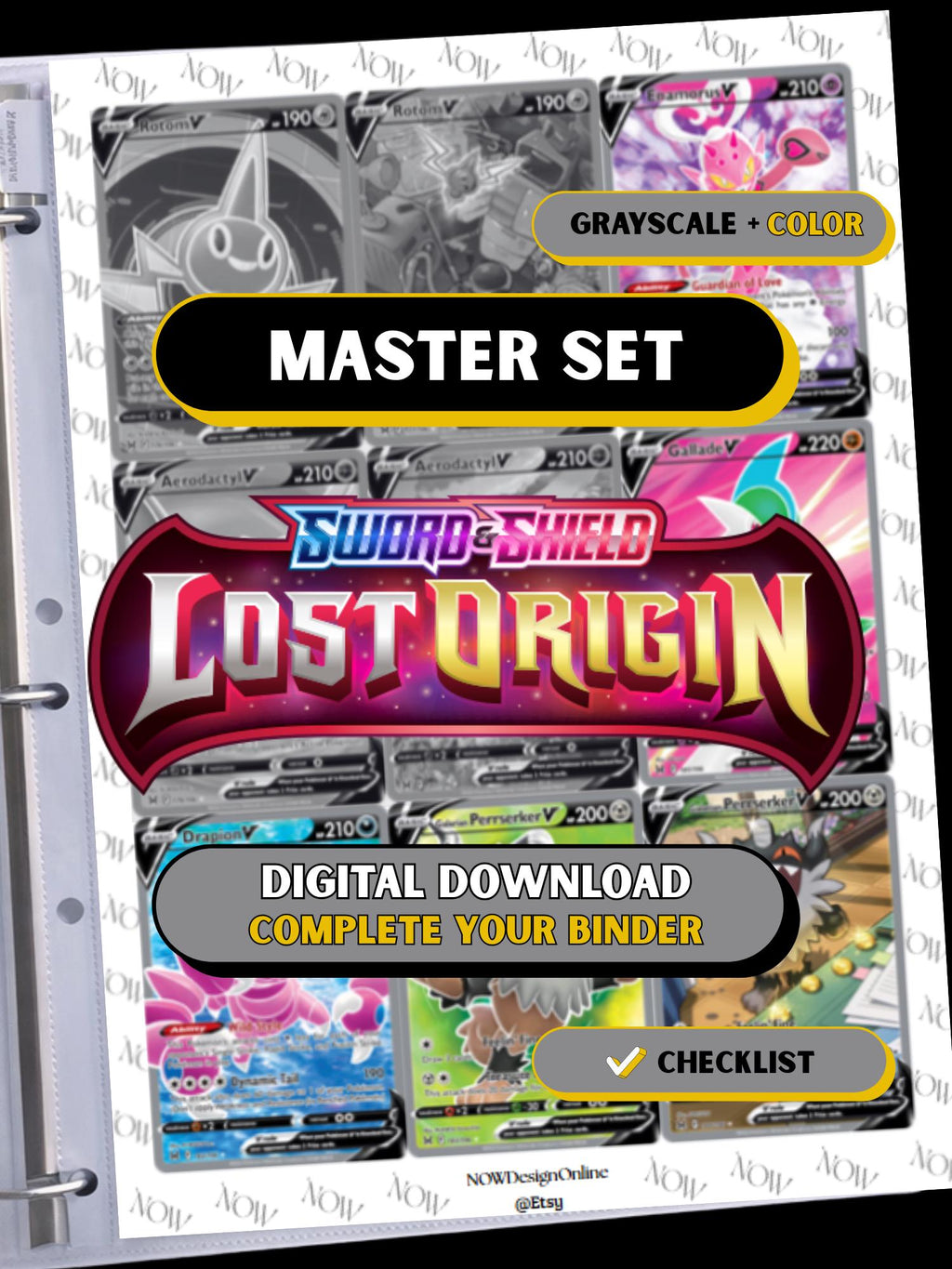 Lost Origin master set binder page showing grayscale and color Pokémon cards, designed as a digital download with checklist to complete a collector’s binder.