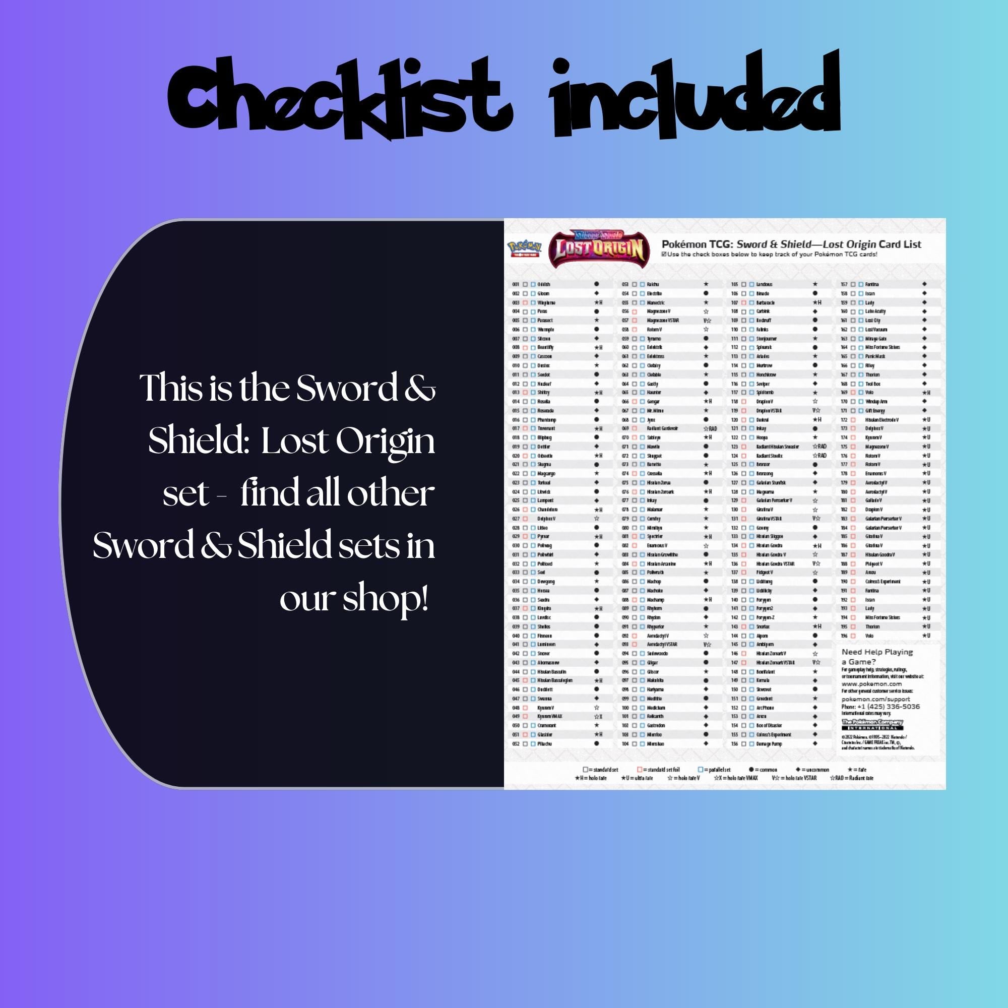 Example of the checklist that’s included to see which cards are all in the Lost Origin set from the Sword & Shield Series.