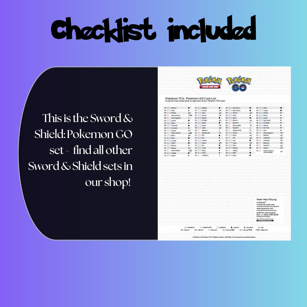 Example of the checklist that’s included to see which cards are all in the Pokemon Go set from the Sword & Shield Series