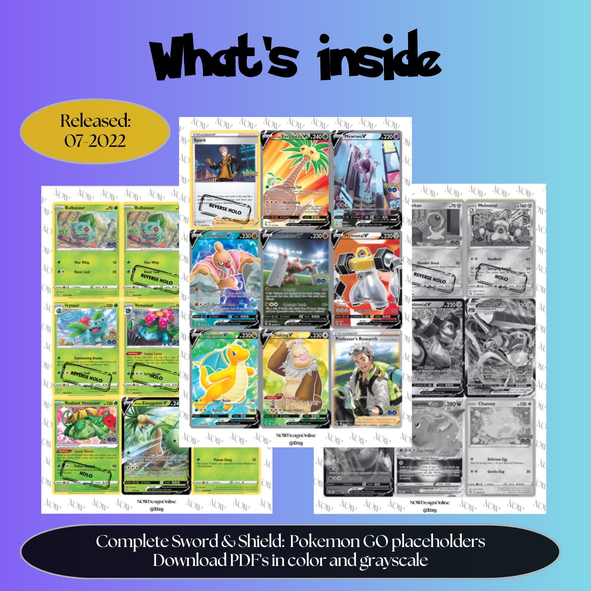 Pokemon Go master set overview showing the included Pokémon cards to print and a full color checklist for the Sword & Shield binder.