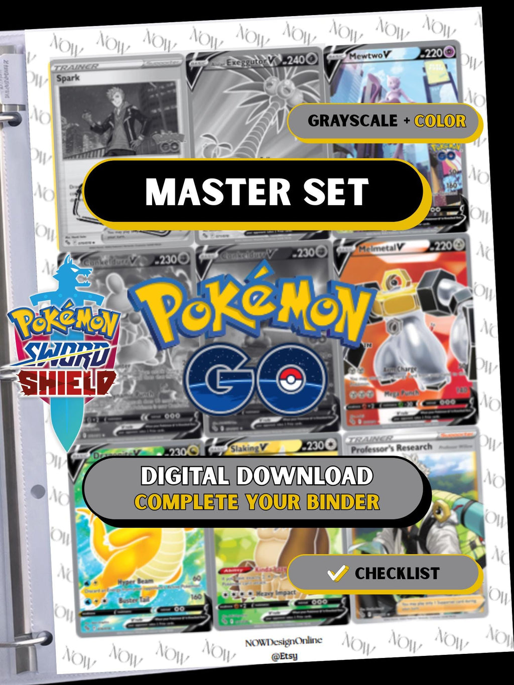 Pokemon Go master set binder page showing grayscale and color Pokémon cards, designed as a digital download with checklist to complete a collector’s binder.