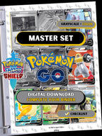 Pokemon Go master set binder page showing grayscale and color Pokémon cards, designed as a digital download with checklist to complete a collector’s binder.
