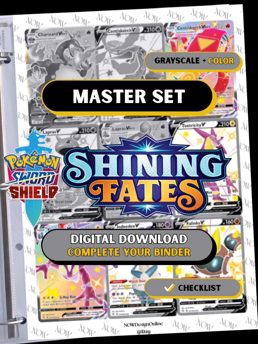 Shining Fates master set binder page showing grayscale and color Pokémon cards, designed as a digital download with checklist to complete a collector’s binder.