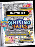 Shining Fates master set binder page showing grayscale and color Pokémon cards, designed as a digital download with checklist to complete a collector’s binder.
