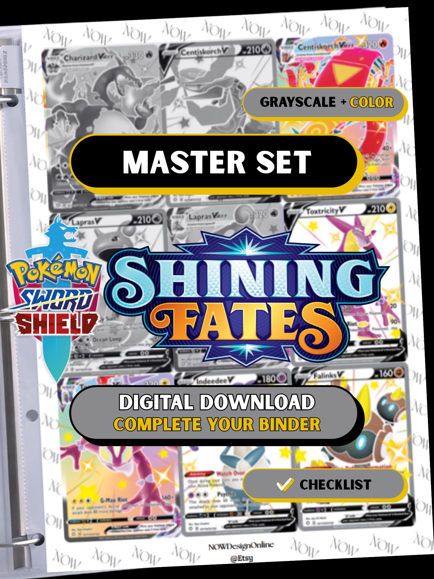 Shining Fates master set binder page showing grayscale and color Pokémon cards, designed as a digital download with checklist to complete a collector’s binder.