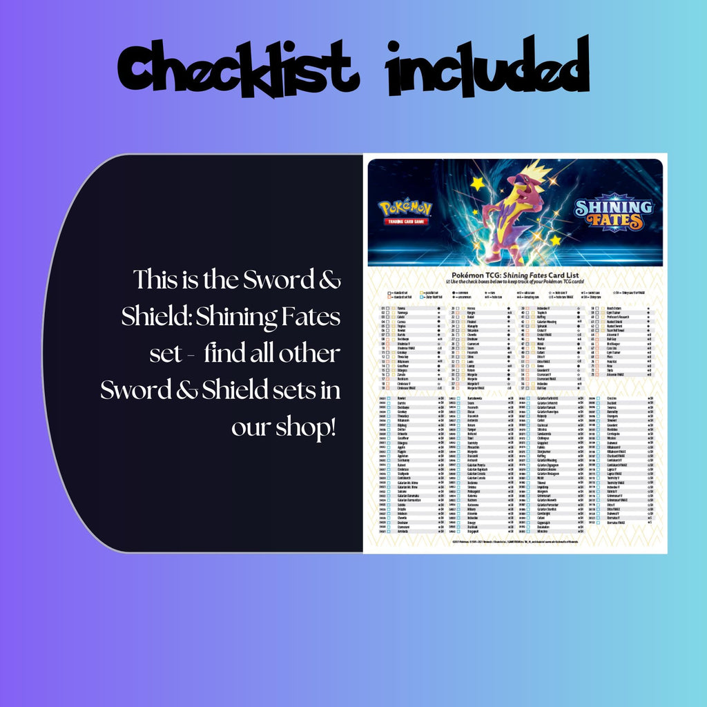 Example of the checklist that’s included to see which cards are all in the Shining Fates set from the Sword & Shield Series.
