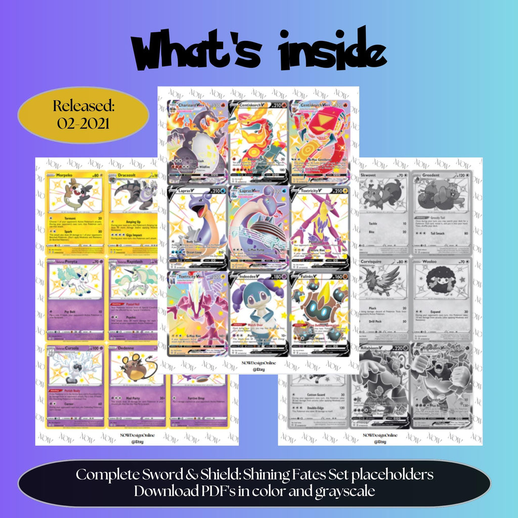 Shining Fates master set overview showing the included Pokémon cards to print and a full color checklist for the Sword & Shield binder.