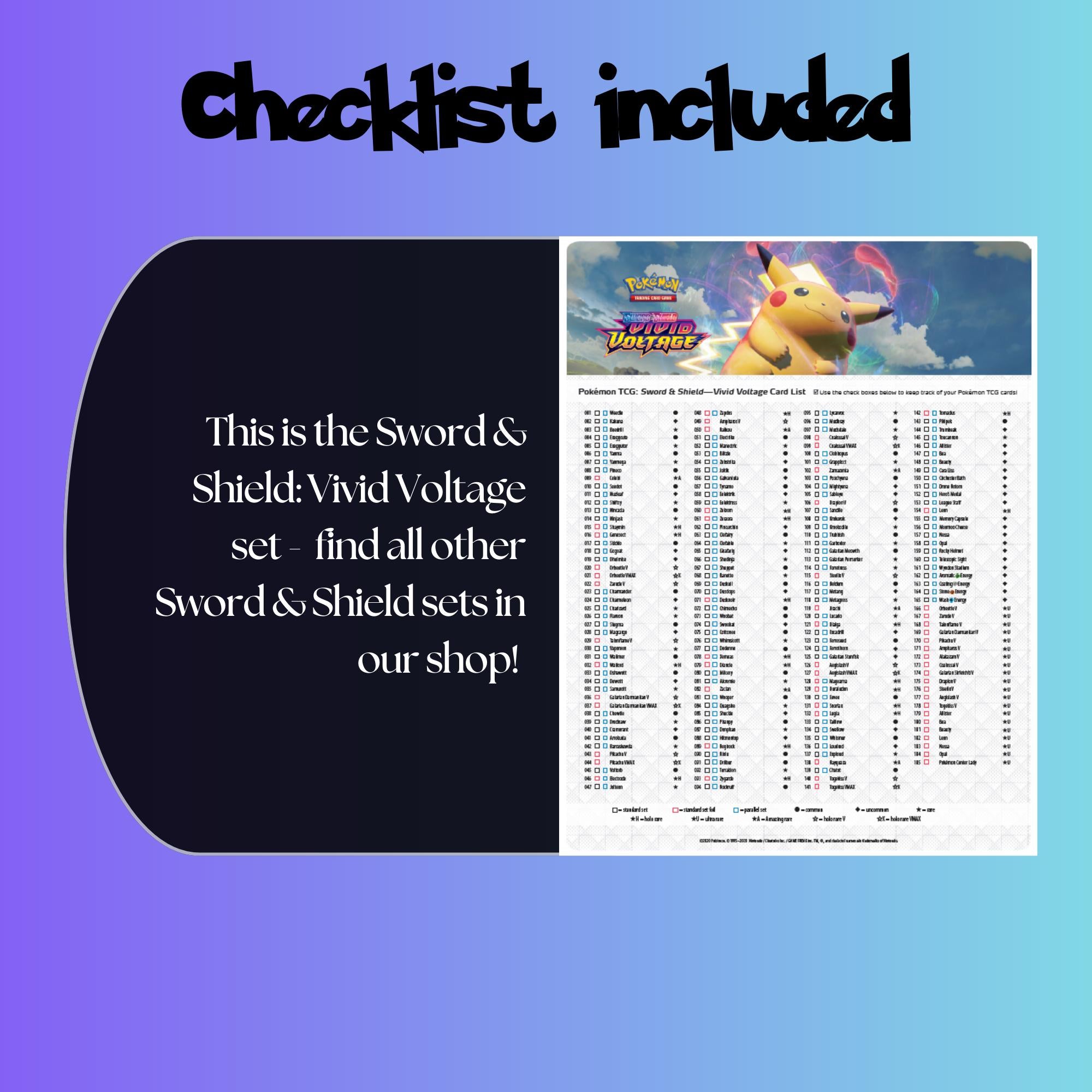 Example of the checklist that’s included to see which cards are all in the Vivid Voltage set from the Sword & Shield Series.