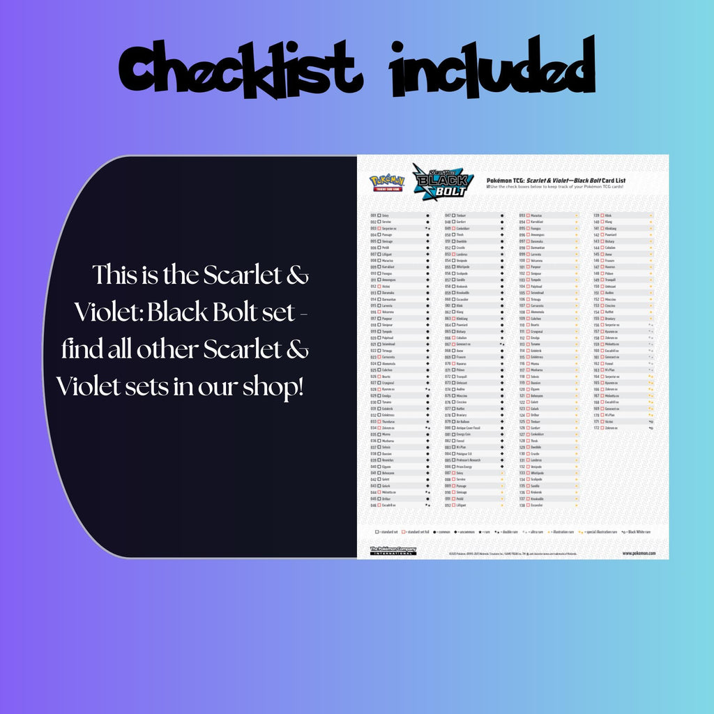 Example of the checklist that’s included to see which cards are all in the Black Bolt set from the Scarlet & Violet Series.