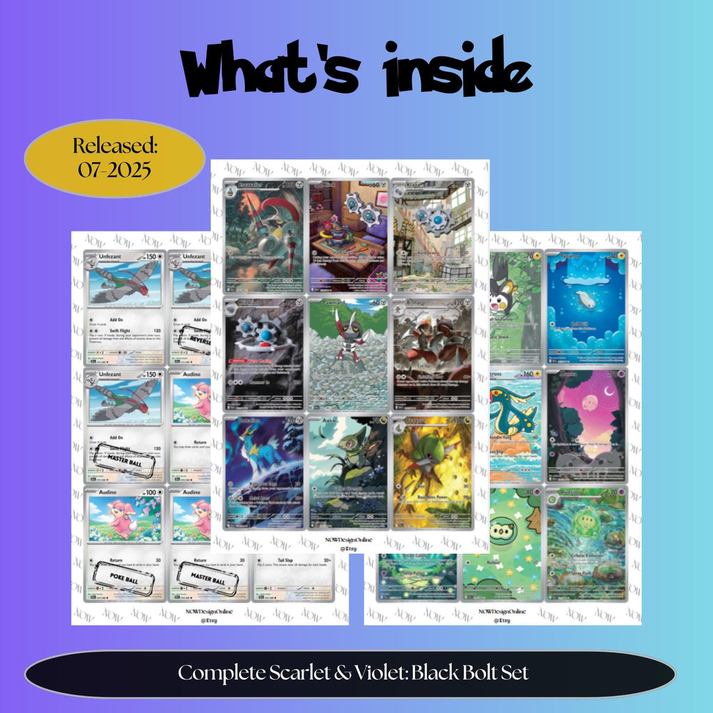 Black Bolt master set overview showing the included Pokémon cards to print and a full color checklist for the Scarlet Violet binder.