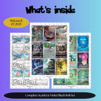 Black Bolt master set overview showing the included Pokémon cards to print and a full color checklist for the Scarlet Violet binder.