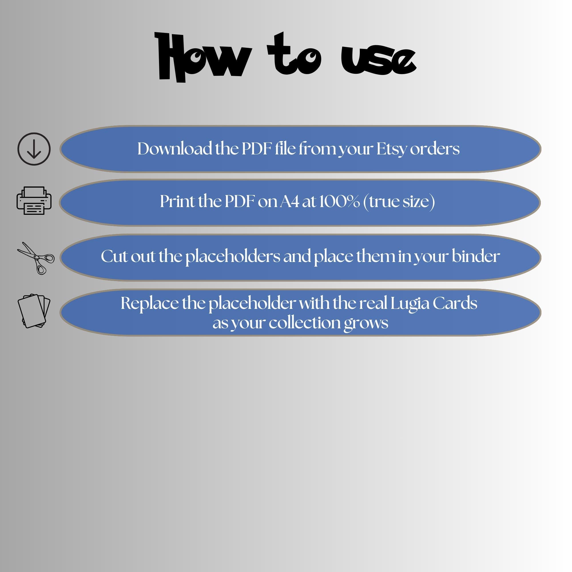 Lugia cards digital download instructions explaining how to print, cut, and place placeholders in a Pokémon binder.