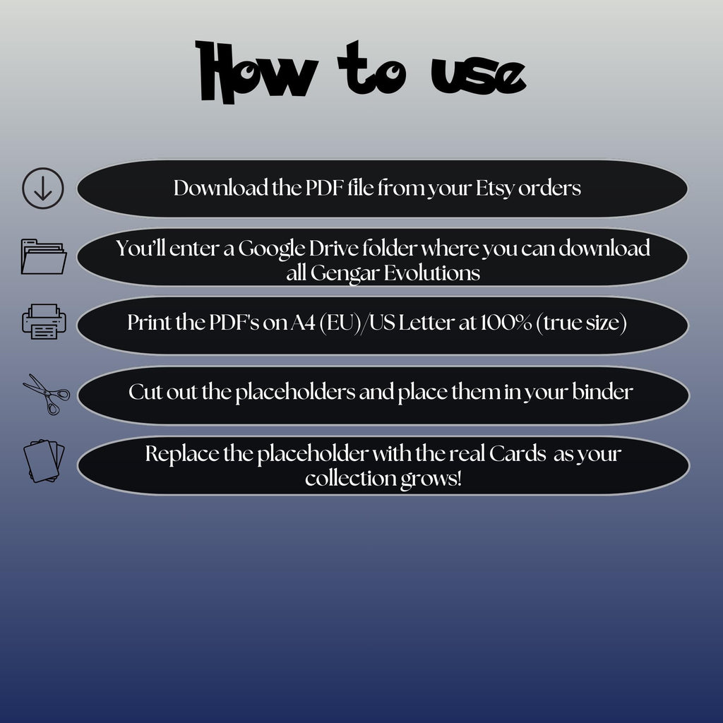 Gengar Evolutions cameo cards digital download instructions explaining how to print, cut, and place placeholders in a Pokémon binder.