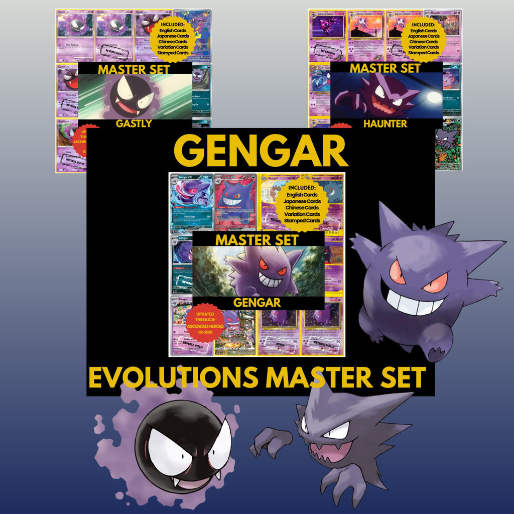 Gengar Evolutions set binder page showing grayscale and color Pokémon cards, designed as a digital download to complete a collector’s binder.