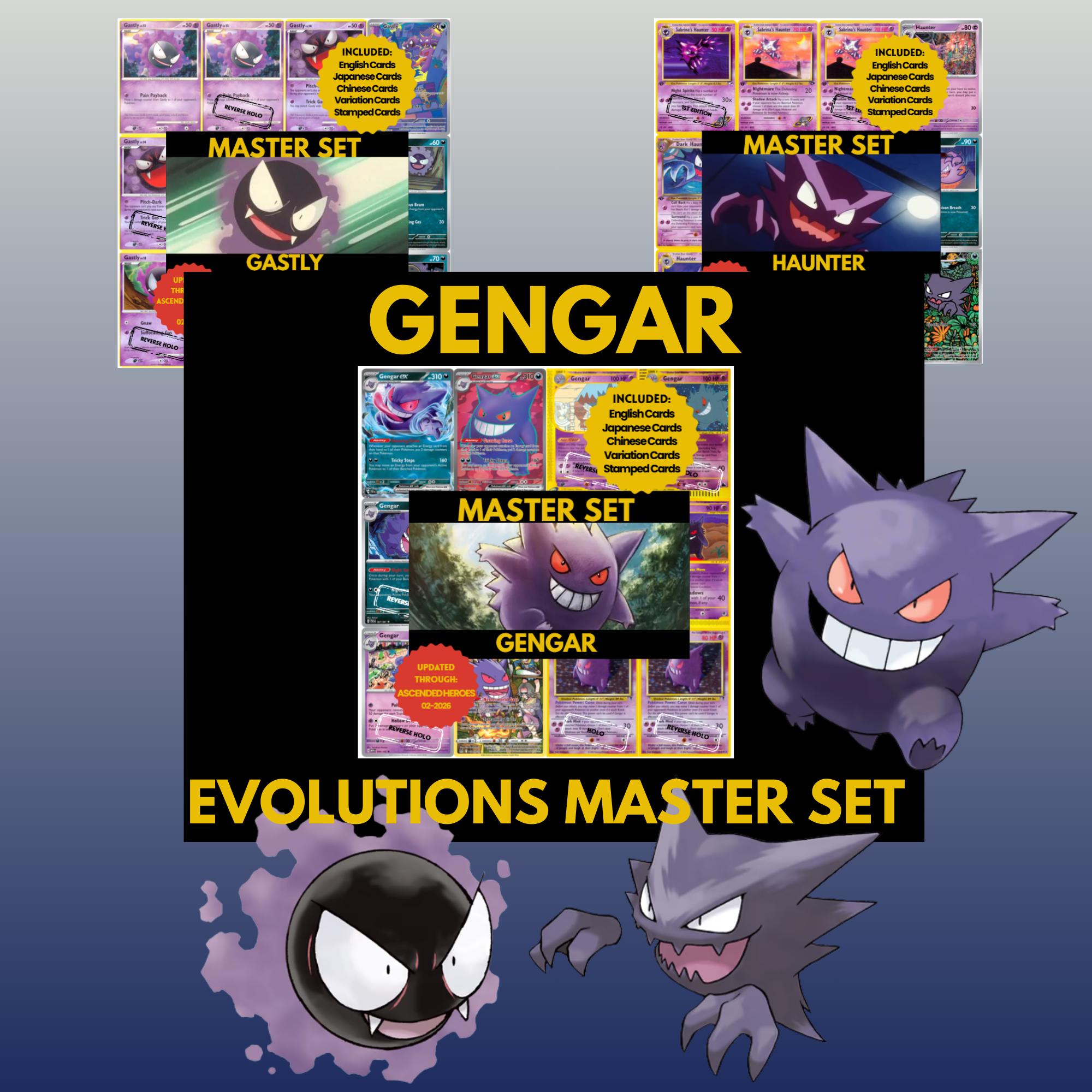 Gengar Evolutions set binder page showing grayscale and color Pokémon cards, designed as a digital download to complete a collector’s binder.