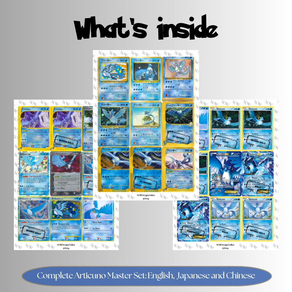 Articuno binder pages set overview showing the included Pokémon cards to print and cut for your binder sleeves.