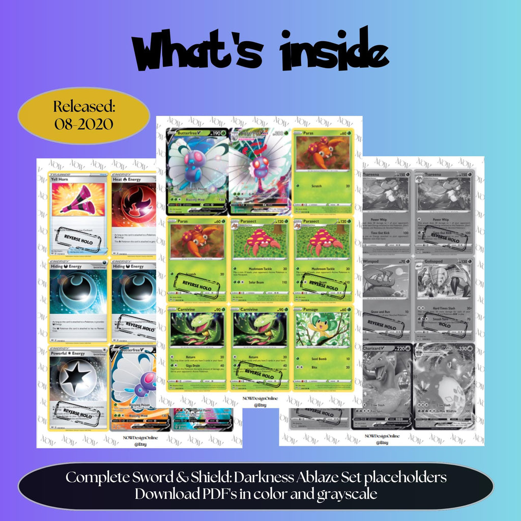 Darkness Ablaze master set overview showing the included Pokémon cards to print and a full color checklist for the Sword & Shield binder.