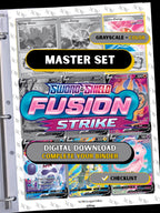 Fusion Strike master set binder page showing grayscale and color Pokémon cards, designed as a digital download with checklist to complete a collector’s binder.