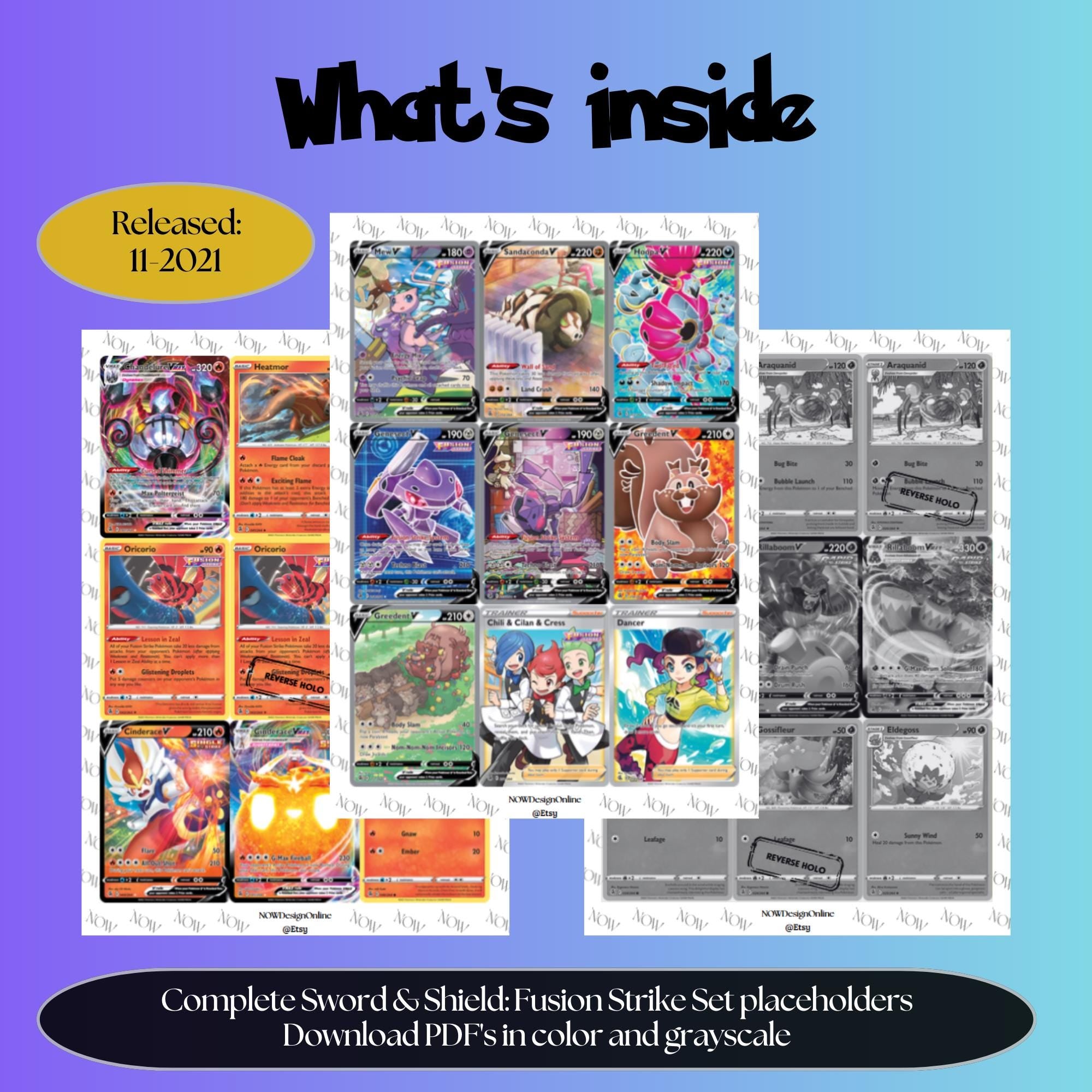 Fusion Strike master set overview showing the included Pokémon cards to print and a full color checklist for the Sword & Shield binder.